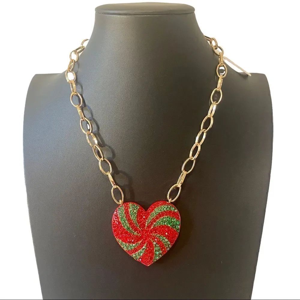 Betsey Johnson Red & Green Swirl Heart Shaped Pendant Statement Necklace.